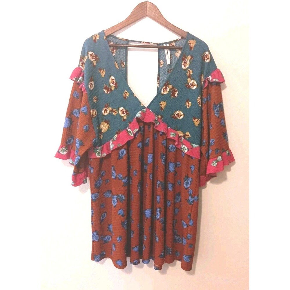 Anthropologie Sz L Floral Ruffle Babydoll Mini Dress Tunic Teal Rust Pink Boho